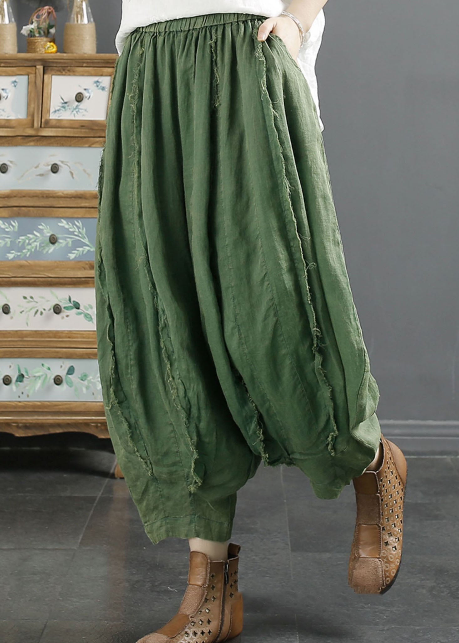 Oversized Green Pockets Wrinkled Patchwork Linen Harem Pants Summer Ada Fashion