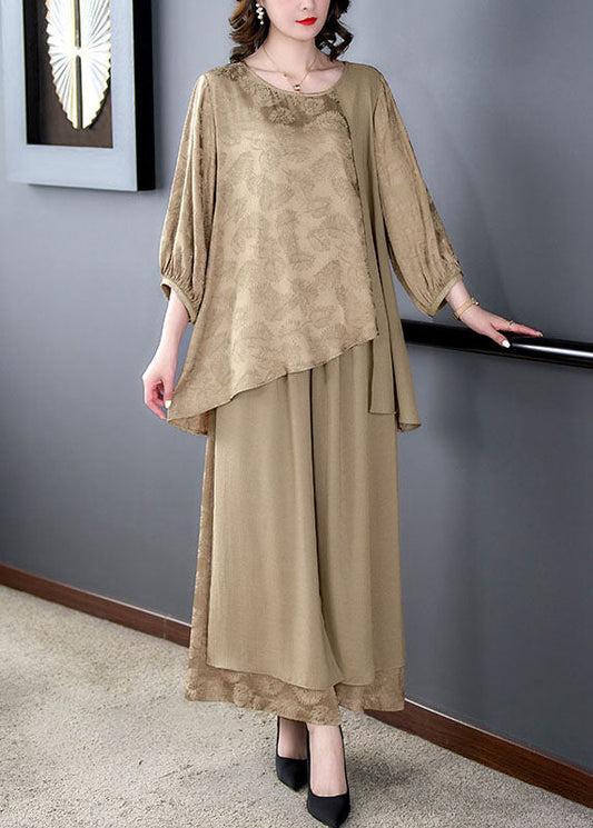 Oversized Khaki Print Asymmetrical Patchwork Silk Two Pieces Set Summer Ada Fashion