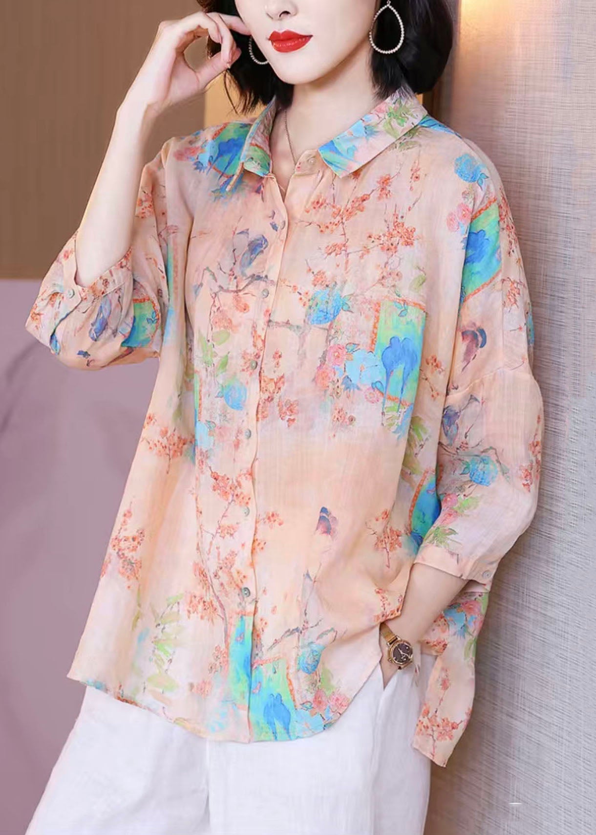 Oversized Pink Peter Pan Collar Print Patchwork Linen Shirt Tops Summer TP1046 - fabuloryshop