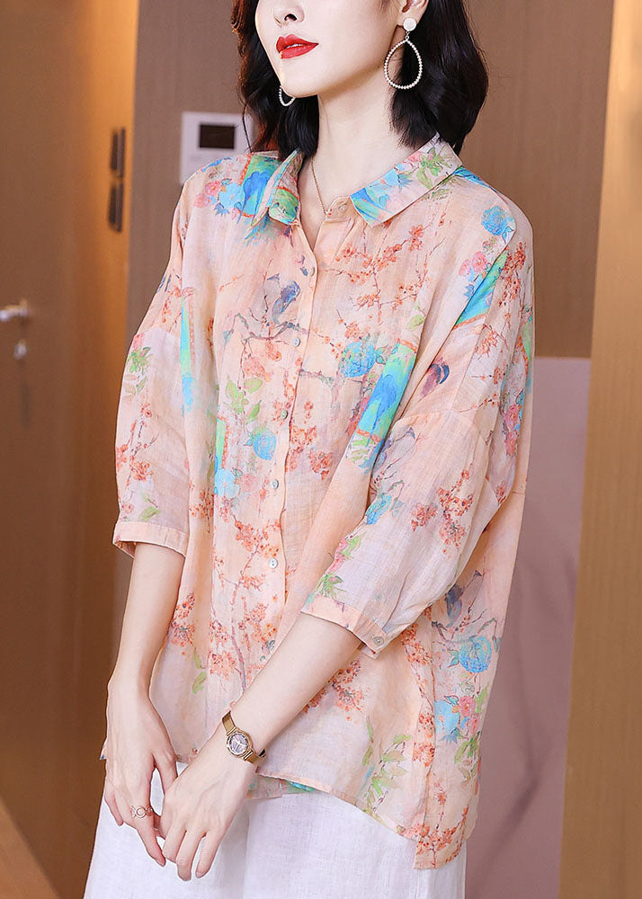 Oversized Pink Peter Pan Collar Print Patchwork Linen Shirt Tops Summer LY6900 - fabuloryshop