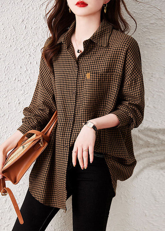 Oversized Plaid Peter Pan Collar Pockets Patchwork Cotton Shirts Long Sleeve Ada Fashion