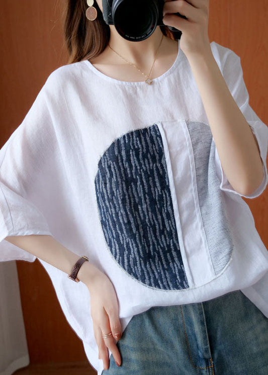 Oversized White O Neck Patchwork Cotton T Shirt Top Summer LY5656 - fabuloryshop