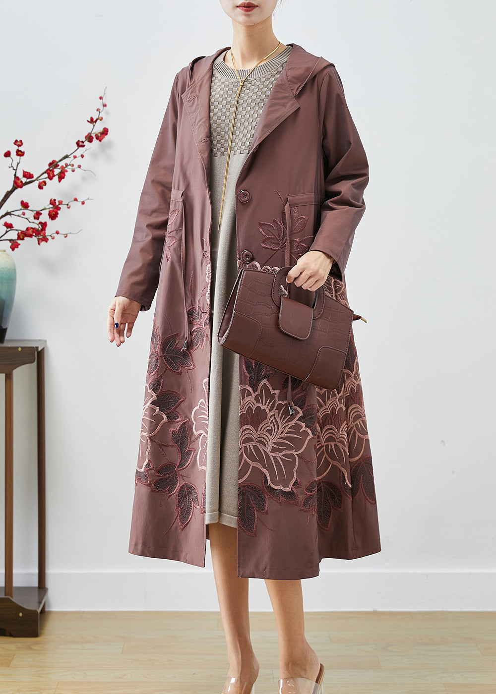 Pale Mauve Spandex Trench Coat Embroideried Tie Waist Fall Ada Fashion