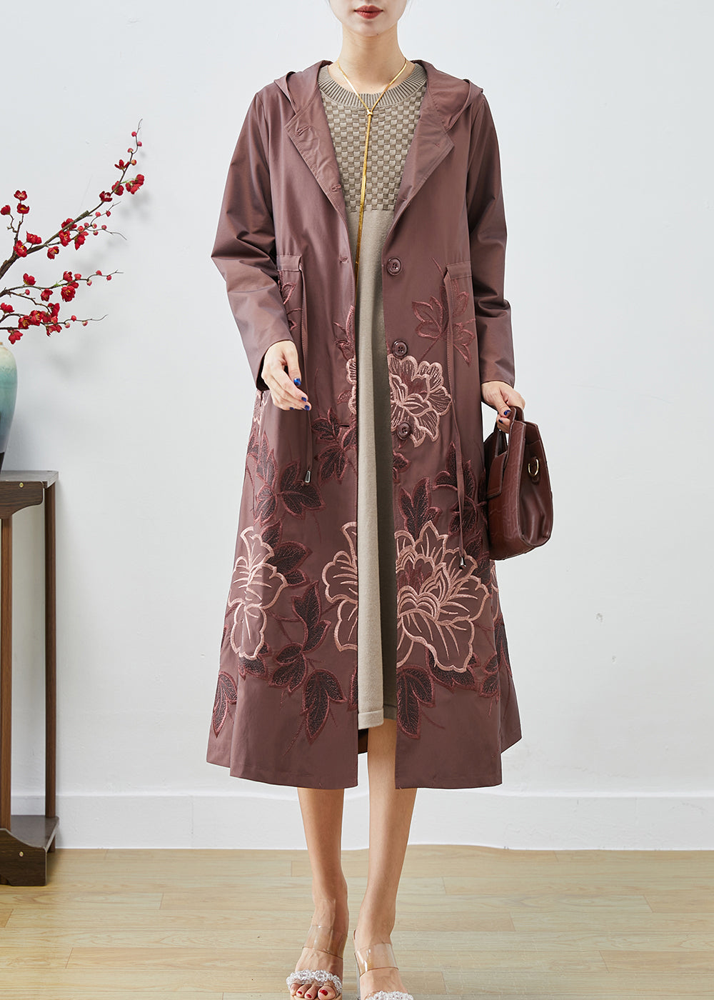 Pale Mauve Spandex Trench Coat Embroideried Tie Waist Fall Ada Fashion