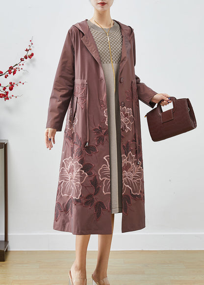 Pale Mauve Spandex Trench Coat Embroideried Tie Waist Fall Ada Fashion