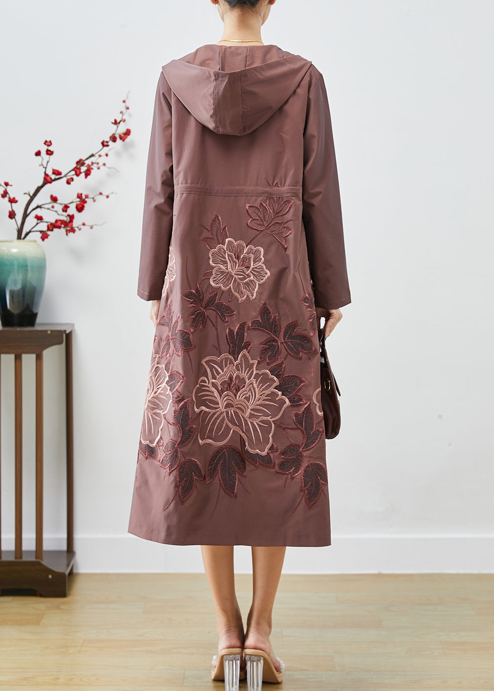 Pale Mauve Spandex Trench Coat Embroideried Tie Waist Fall Ada Fashion