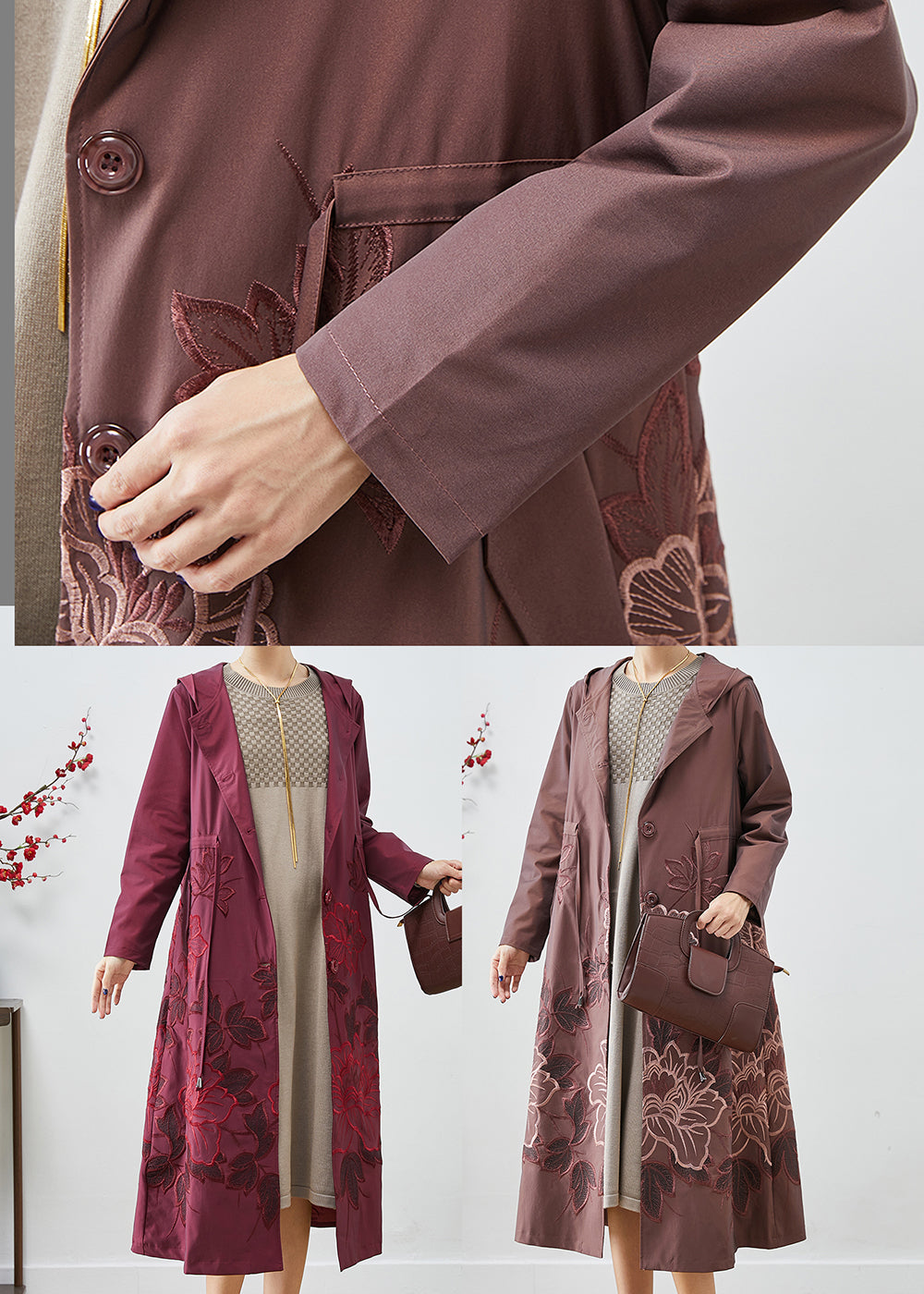 Pale Mauve Spandex Trench Coat Embroideried Tie Waist Fall Ada Fashion