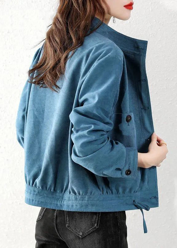 Peacock Blue Pockets Patchwork Cotton Coats Stand Collar Fall Ada Fashion