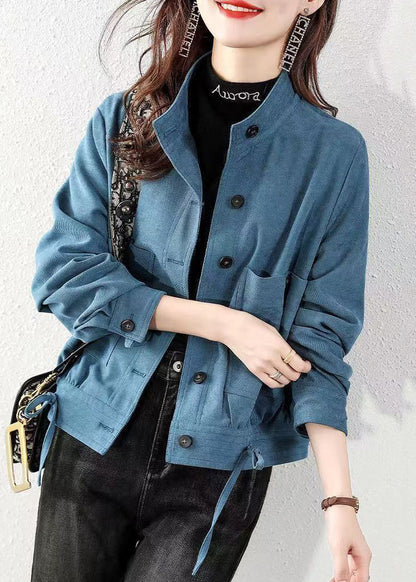 Peacock Blue Pockets Patchwork Cotton Coats Stand Collar Fall Ada Fashion