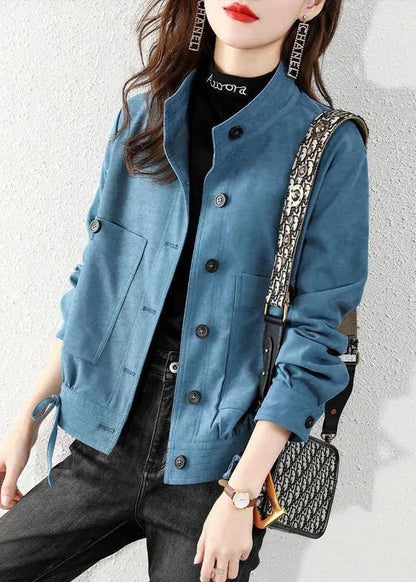 Peacock Blue Pockets Patchwork Cotton Coats Stand Collar Fall Ada Fashion