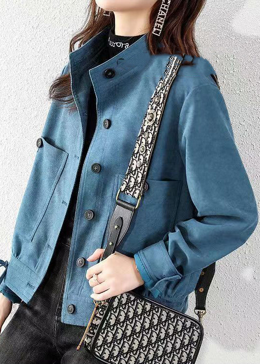 Peacock Blue Pockets Patchwork Cotton Coats Stand Collar Fall Ada Fashion