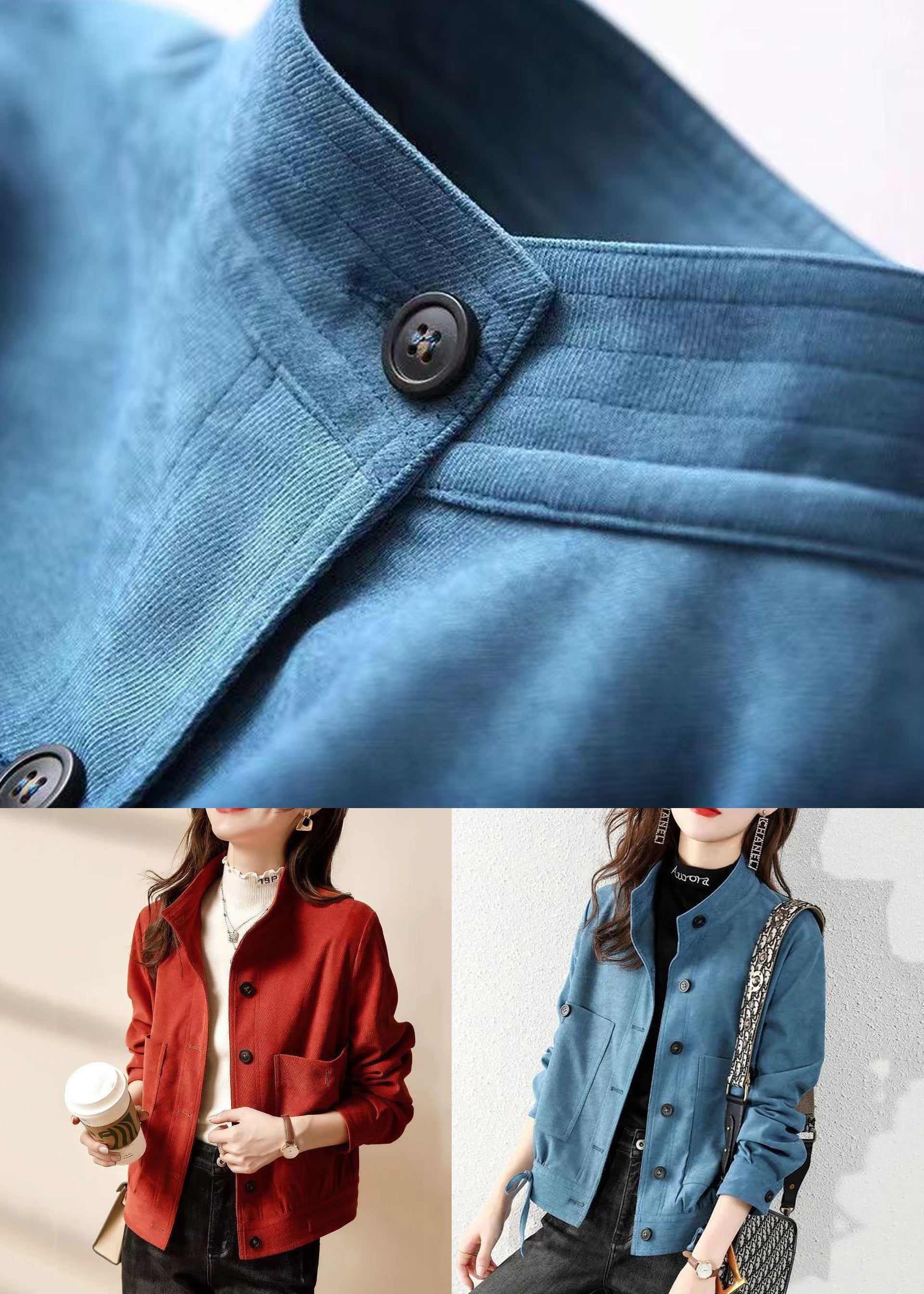 Peacock Blue Pockets Patchwork Cotton Coats Stand Collar Fall Ada Fashion