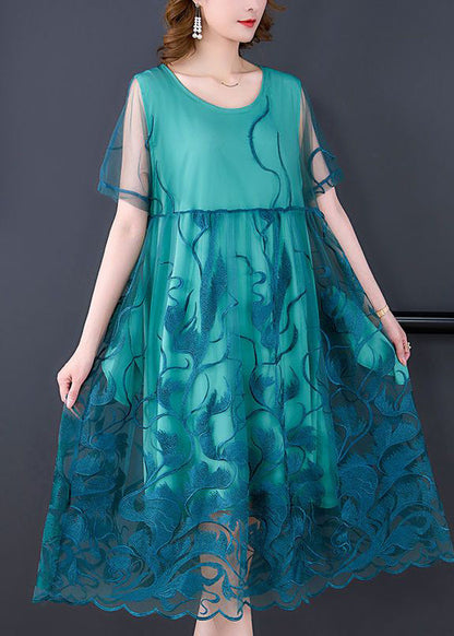 Peacock Blue Tulle Long Dresses Embroideried Summer LY3726 - fabuloryshop