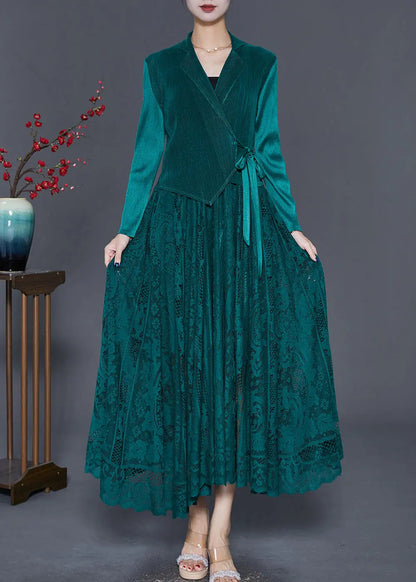 Peacock Green Patchwork Silk Velour Cinched Dress Exra Large Hem Fall Ada Fashion