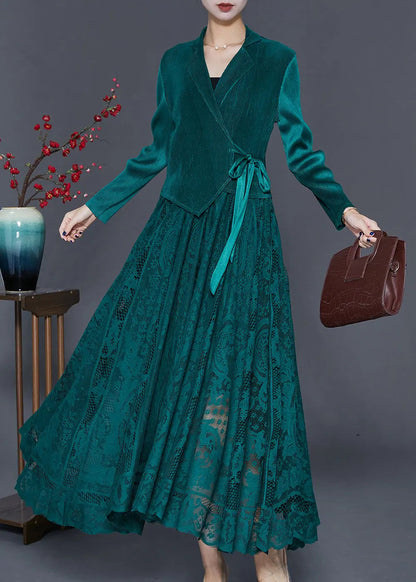 Peacock Green Patchwork Silk Velour Cinched Dress Exra Large Hem Fall Ada Fashion