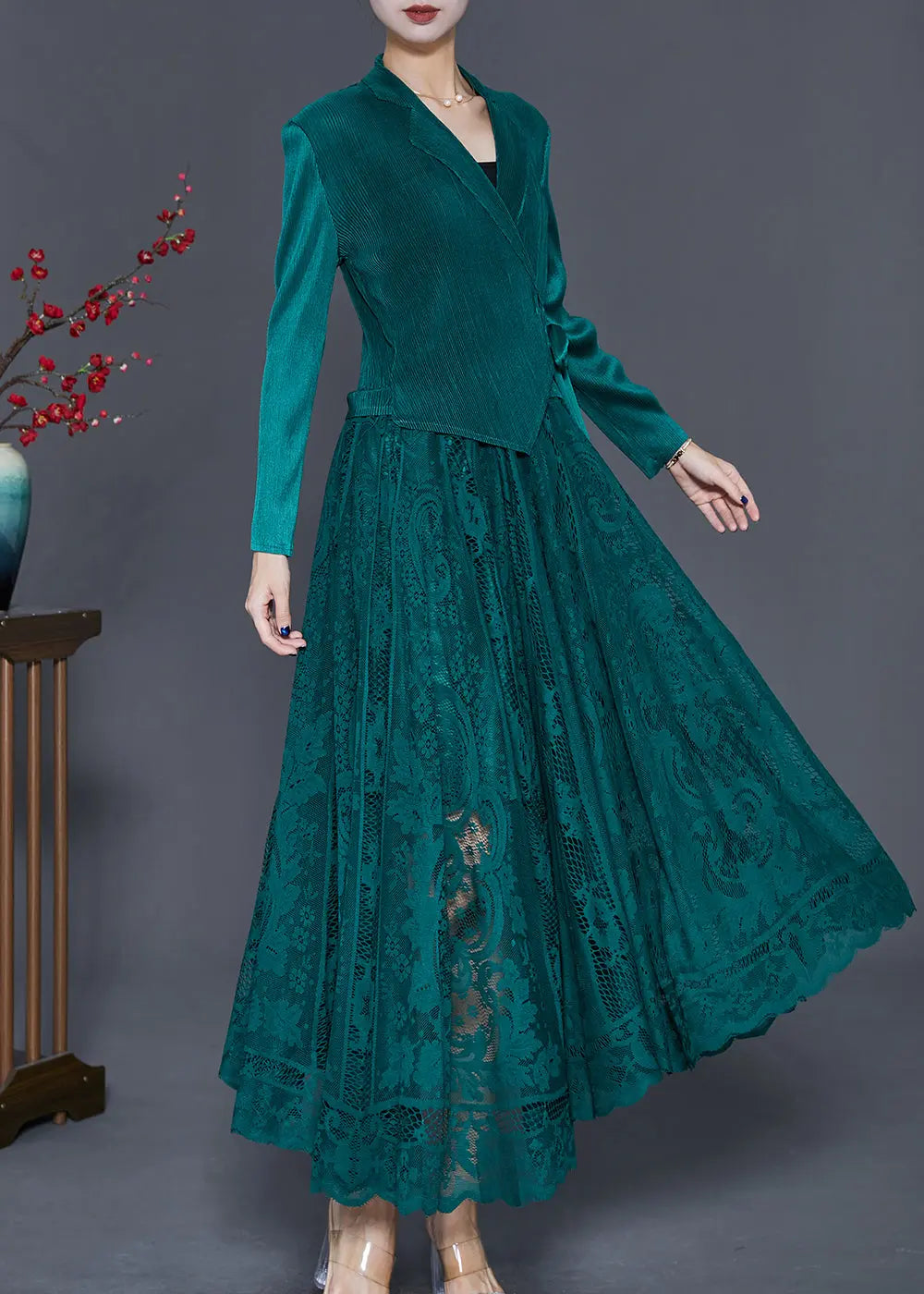 Peacock Green Patchwork Silk Velour Cinched Dress Exra Large Hem Fall Ada Fashion