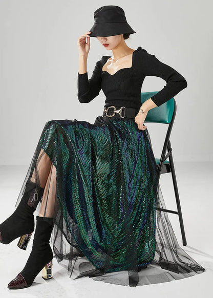 Peacock Green Silm Fit Tulle A Line Skirts Sequins Fall Ada Fashion