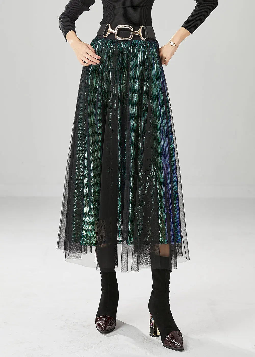 Peacock Green Silm Fit Tulle A Line Skirts Sequins Fall Ada Fashion