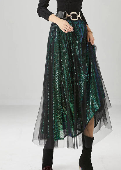 Peacock Green Silm Fit Tulle A Line Skirts Sequins Fall Ada Fashion