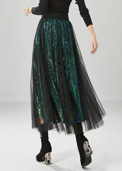 Peacock Green Silm Fit Tulle A Line Skirts Sequins Fall Ada Fashion