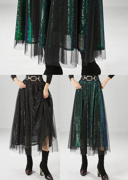 Peacock Green Silm Fit Tulle A Line Skirts Sequins Fall Ada Fashion