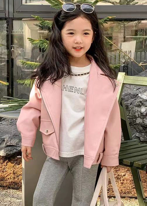 Pink Button Patchwork Faux Leather Girls Coats Zip Up Long Sleeve Ada Fashion