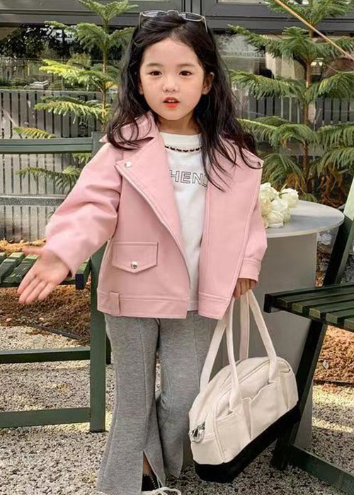 Pink Button Patchwork Faux Leather Girls Coats Zip Up Long Sleeve Ada Fashion