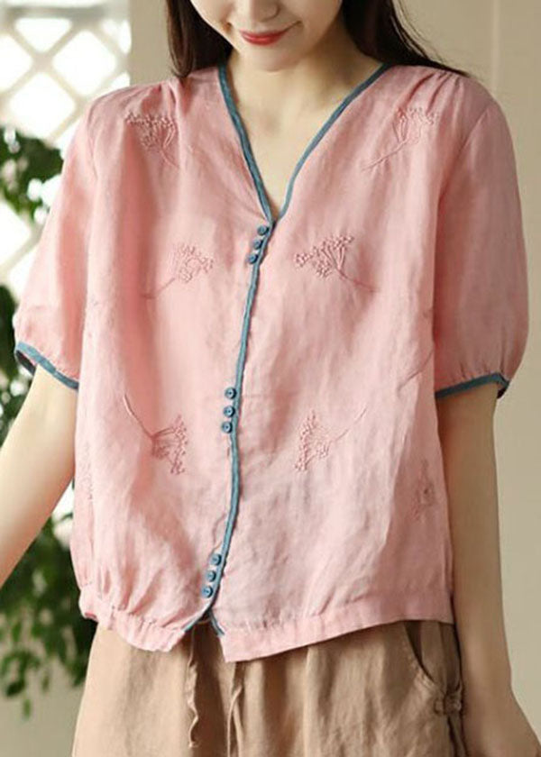 Pink Button Patchwork Linen Shirt Top Embroideried Summer LY4150 - fabuloryshop