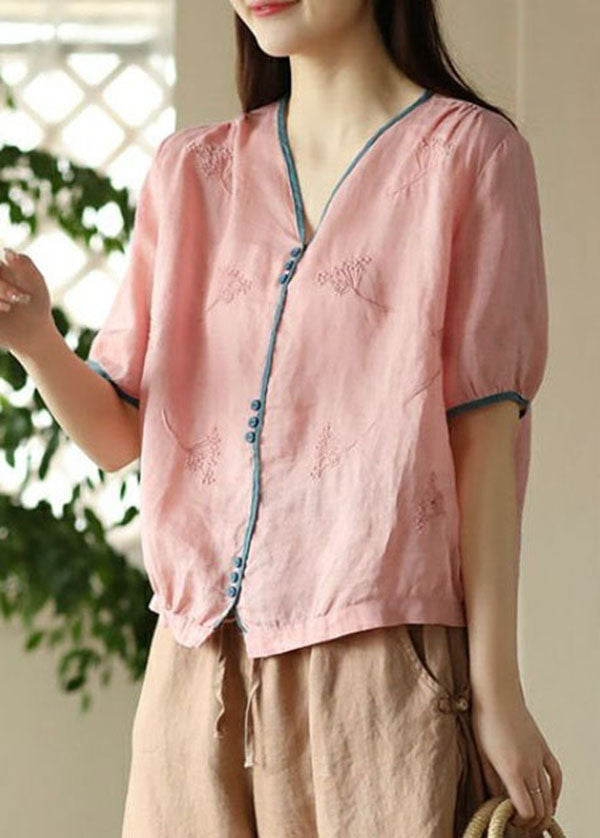 Pink Button Patchwork Linen Shirt Top Embroideried Summer LY4150 - fabuloryshop