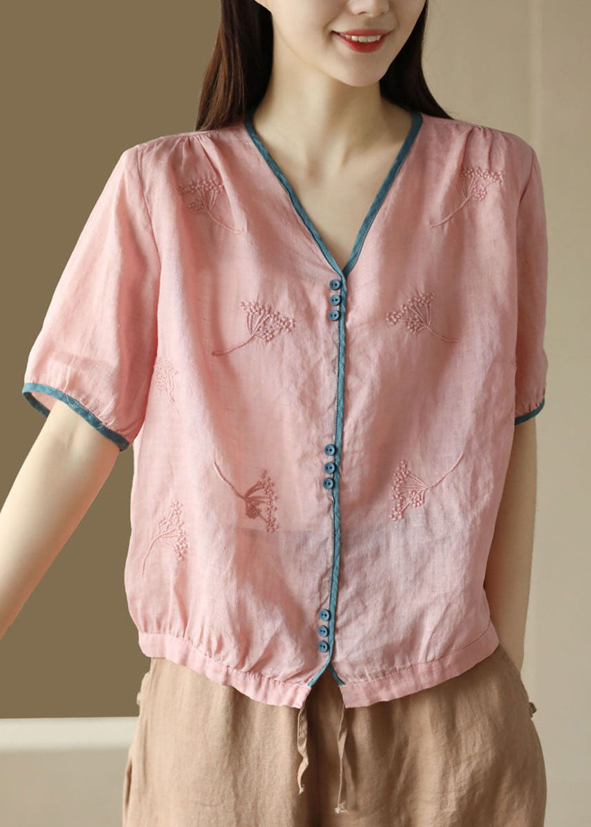 Pink Button Patchwork Linen Shirt Top Embroideried Summer LY4150 - fabuloryshop