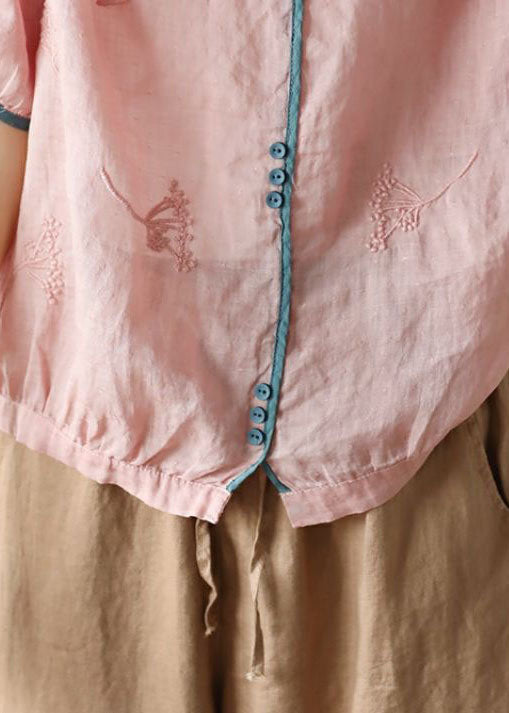 Pink Button Patchwork Linen Shirt Top Embroideried Summer LY4150 - fabuloryshop