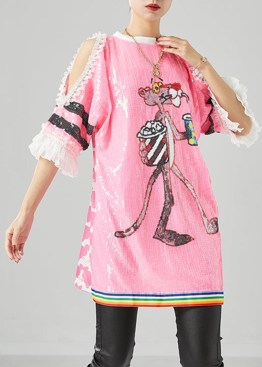 Pink Cartoon Tank Tops Cold Shoulder Sequins Summer LY6718 - fabuloryshop