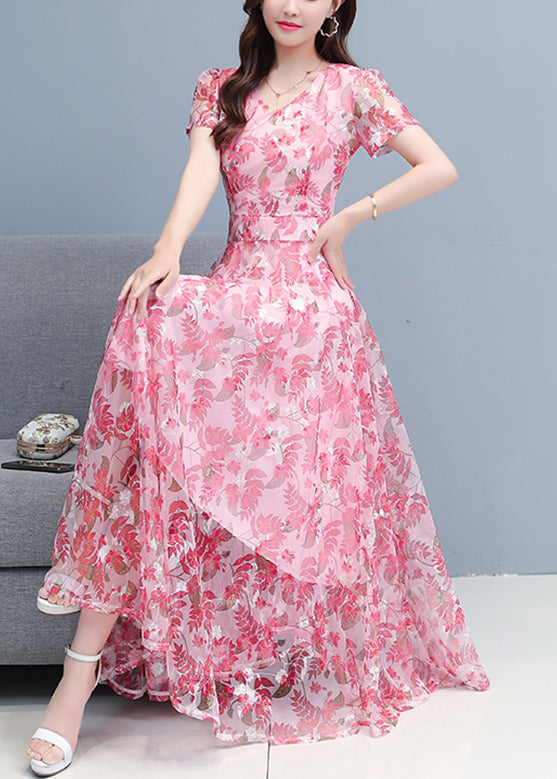 Pink Chiffon Holiday Maxi Dresses Short Sleeve LY1699 - fabuloryshop