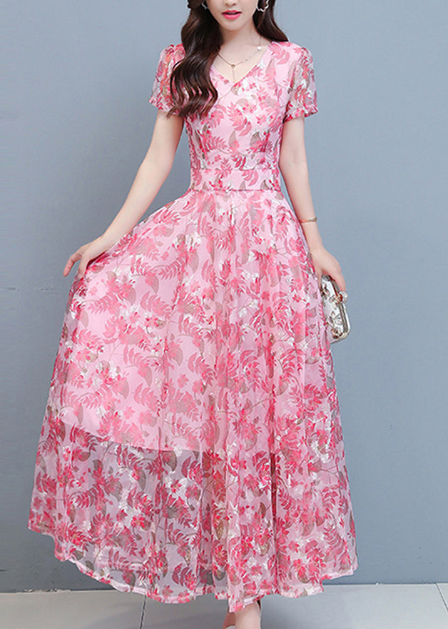 Pink Chiffon Holiday Maxi Dresses Short Sleeve LY1699 - fabuloryshop