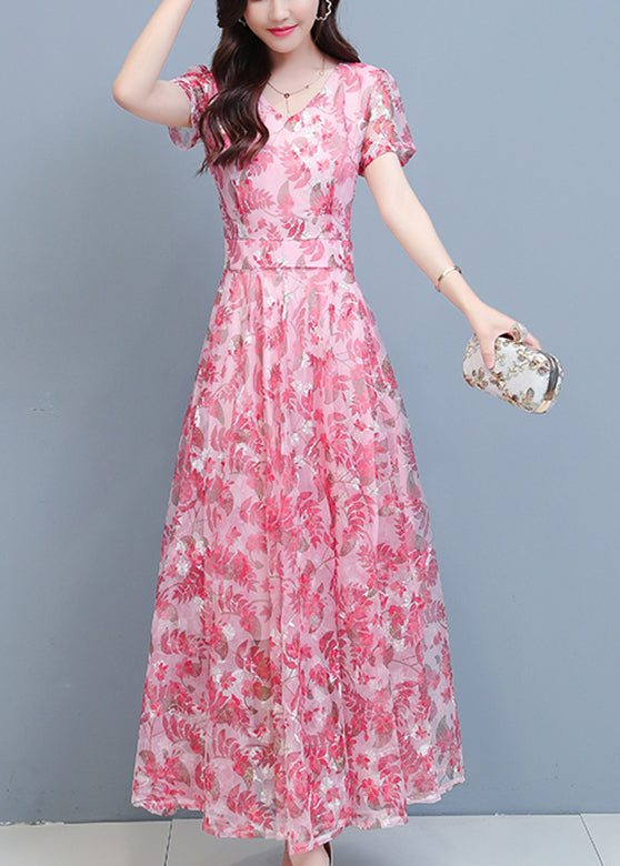 Pink Chiffon Holiday Maxi Dresses Short Sleeve LY1699 - fabuloryshop