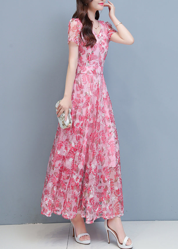 Pink Chiffon Holiday Maxi Dresses Short Sleeve LY1699 - fabuloryshop