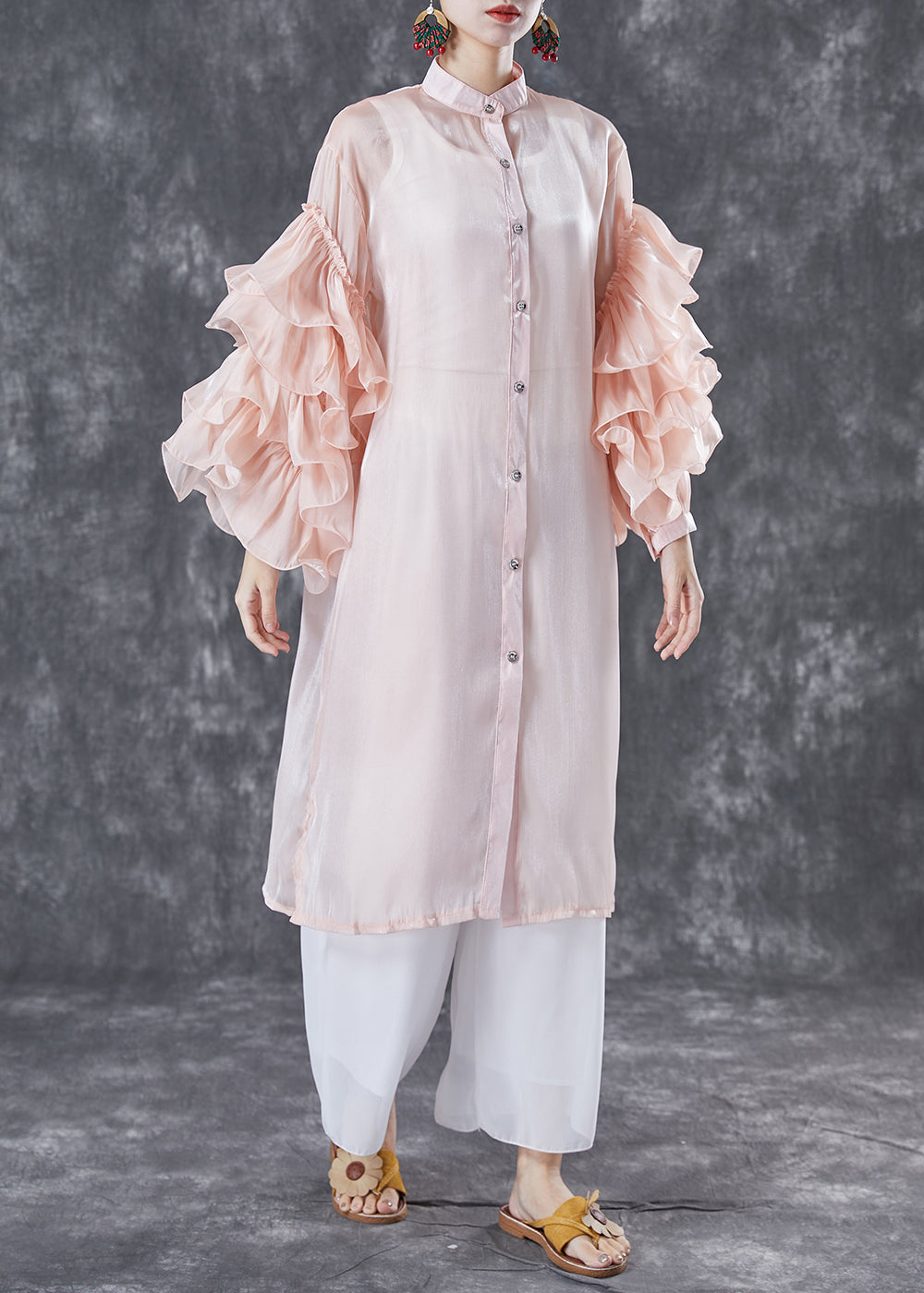 Pink Chiffon UPF 50+ Long Shirt Stand Collar Oversized Petal Sleeve LY5024 - fabuloryshop