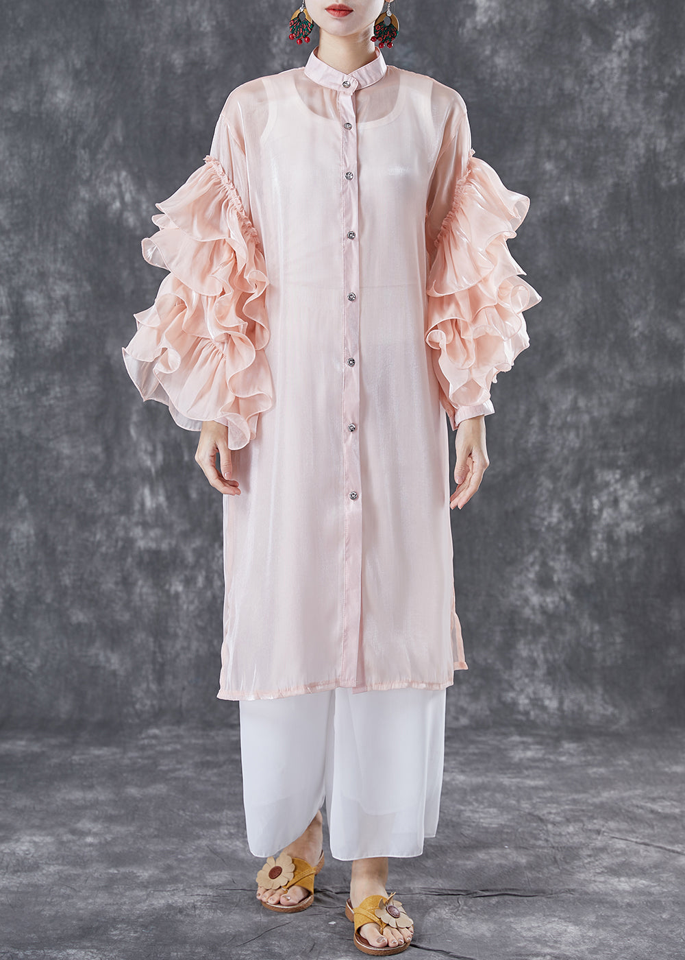 Pink Chiffon UPF 50+ Long Shirt Stand Collar Oversized Petal Sleeve TA1063