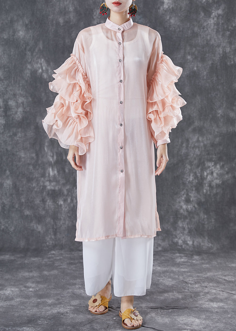 Pink Chiffon UPF 50+ Long Shirt Stand Collar Oversized Petal Sleeve LY5024 - fabuloryshop
