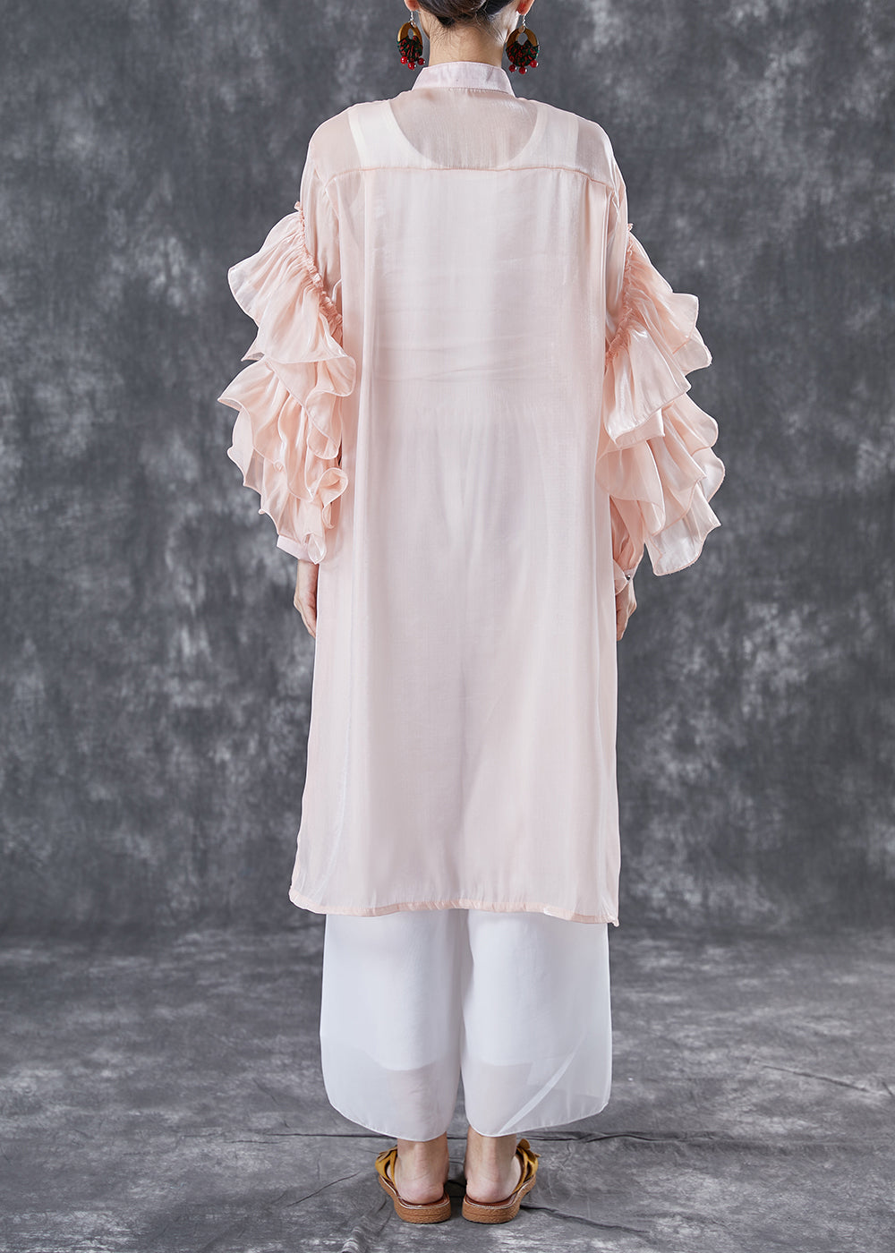 Pink Chiffon UPF 50+ Long Shirt Stand Collar Oversized Petal Sleeve TA1063