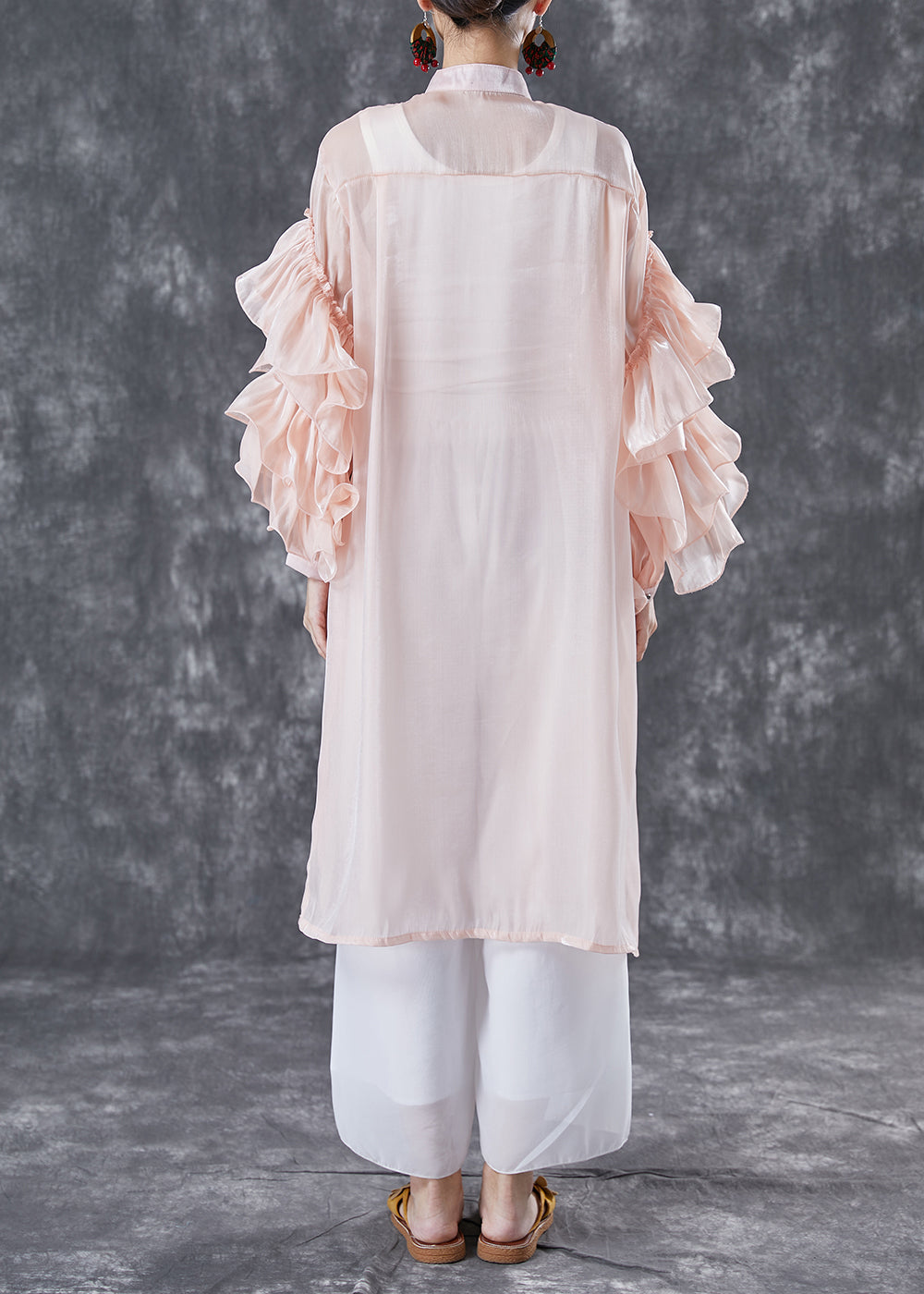 Pink Chiffon UPF 50+ Long Shirt Stand Collar Oversized Petal Sleeve LY5024 - fabuloryshop