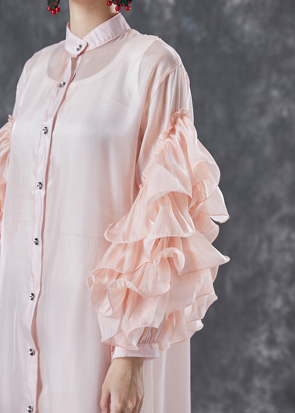 Pink Chiffon UPF 50+ Long Shirt Stand Collar Oversized Petal Sleeve LY5024 - fabuloryshop