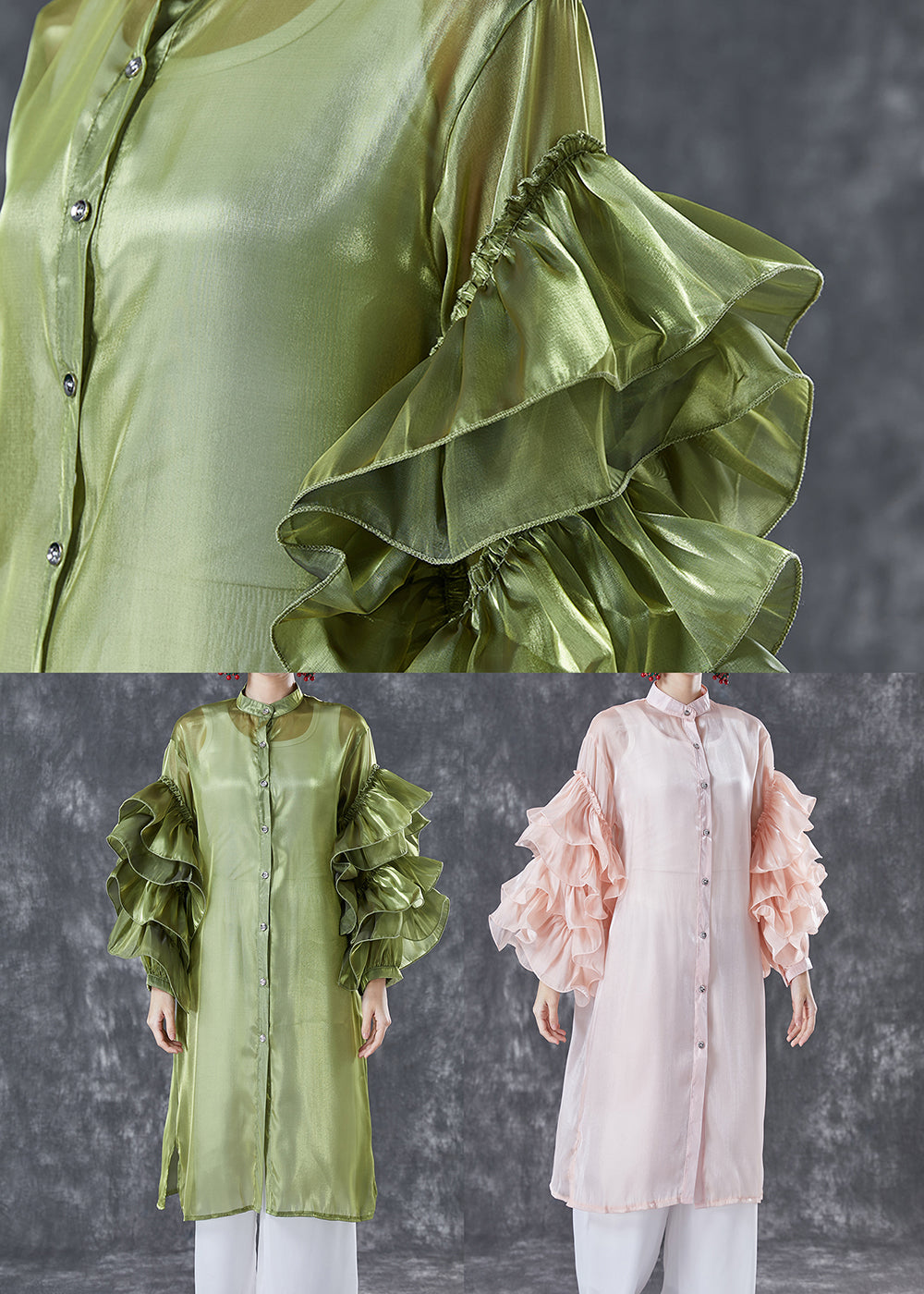 Pink Chiffon UPF 50+ Long Shirt Stand Collar Oversized Petal Sleeve LY5024 - fabuloryshop