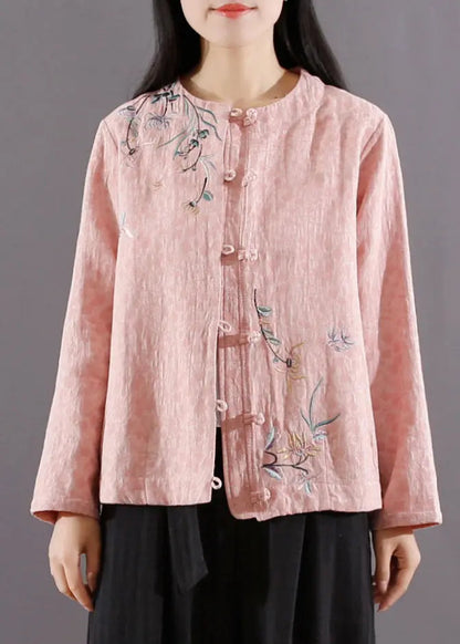 Pink Chinese Button Patchwork Cotton Coat Jacquard Long Sleeve Ada Fashion