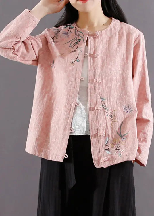 Pink Chinese Button Patchwork Cotton Coat Jacquard Long Sleeve Ada Fashion