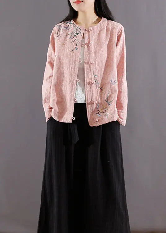 Pink Chinese Button Patchwork Cotton Coat Jacquard Long Sleeve Ada Fashion