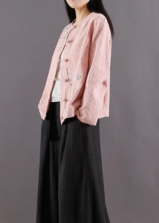 Pink Chinese Button Patchwork Cotton Coat Jacquard Long Sleeve Ada Fashion