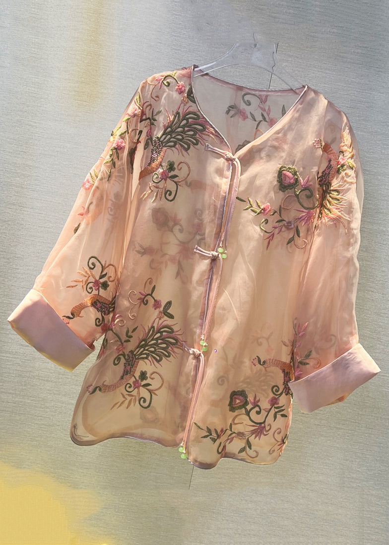 Pink Chinese Button Patchwork Tulle Shirt V Neck Long Sleeve Ada Fashion