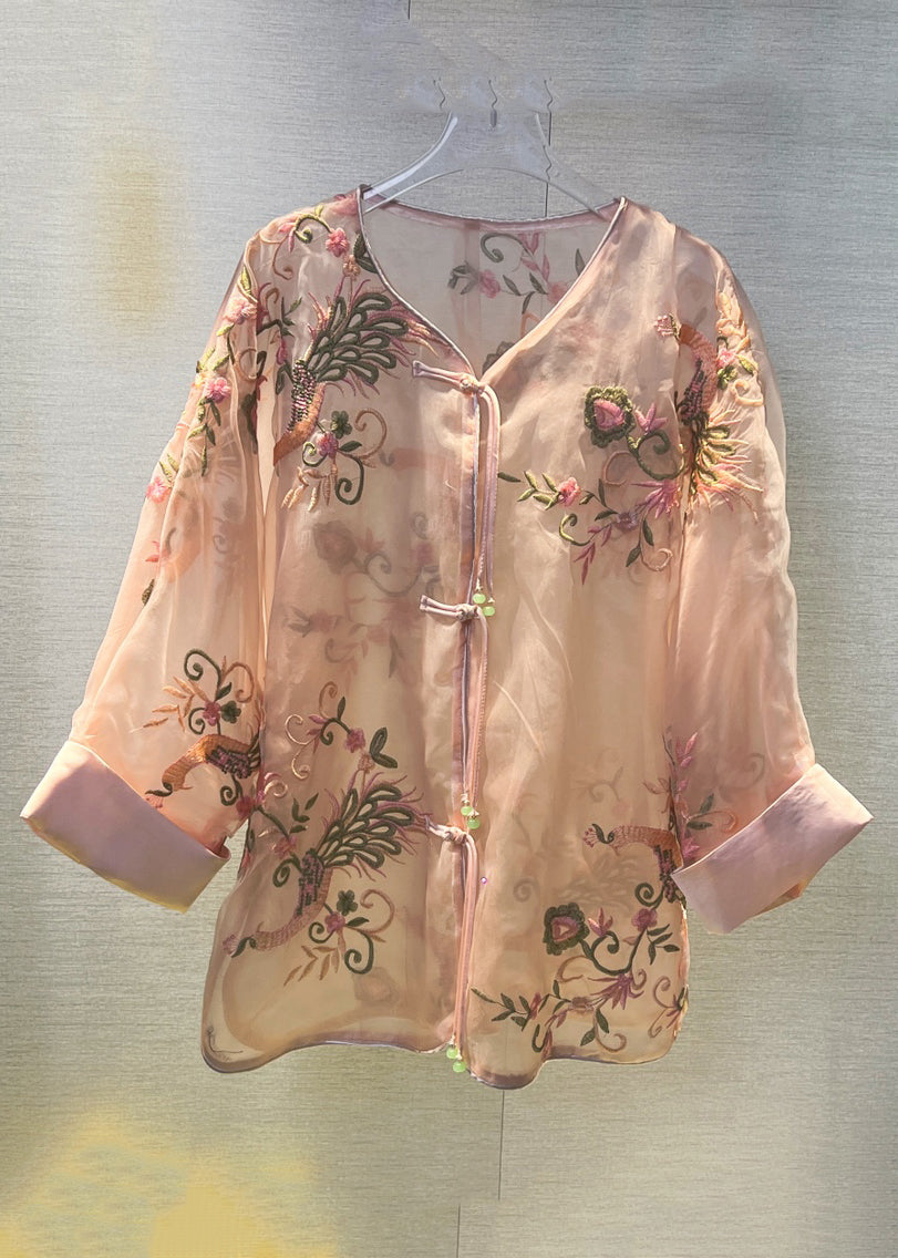 Pink Chinese Button Patchwork Tulle Shirt V Neck Long Sleeve Ada Fashion