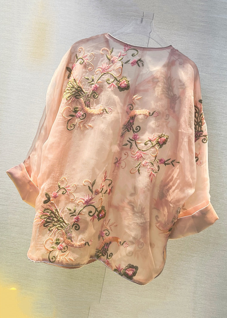 Pink Chinese Button Patchwork Tulle Shirt V Neck Long Sleeve Ada Fashion